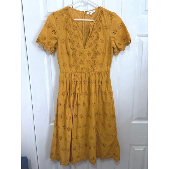 Madewell Mustard Yellow Eyelet Scalloped Dress, Size 0 - Picture 2 of 8